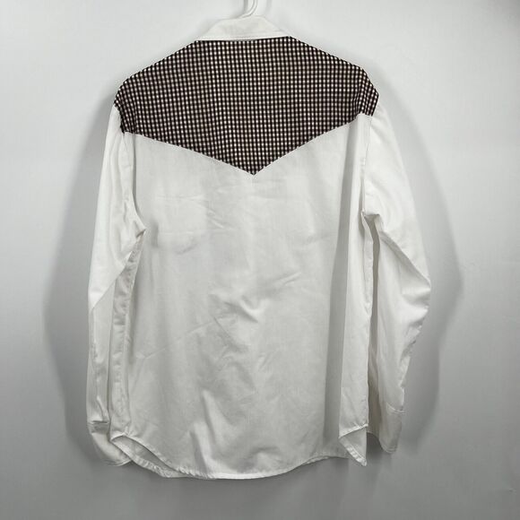 VTG Mens White Brown Gingham Pearl Snap Shirt Western Rockabilly Rodeo Ranch - Picture 8 of 12